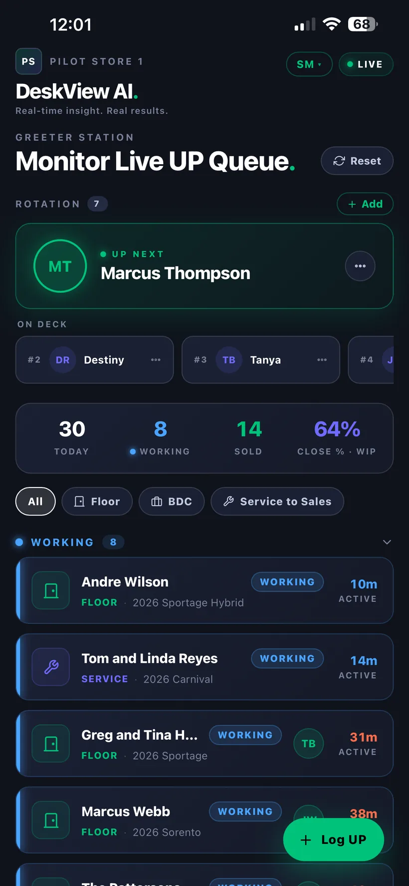 DeskView AI Greeter Station &mdash; live UP queue with rotation, today's pace, and close rate