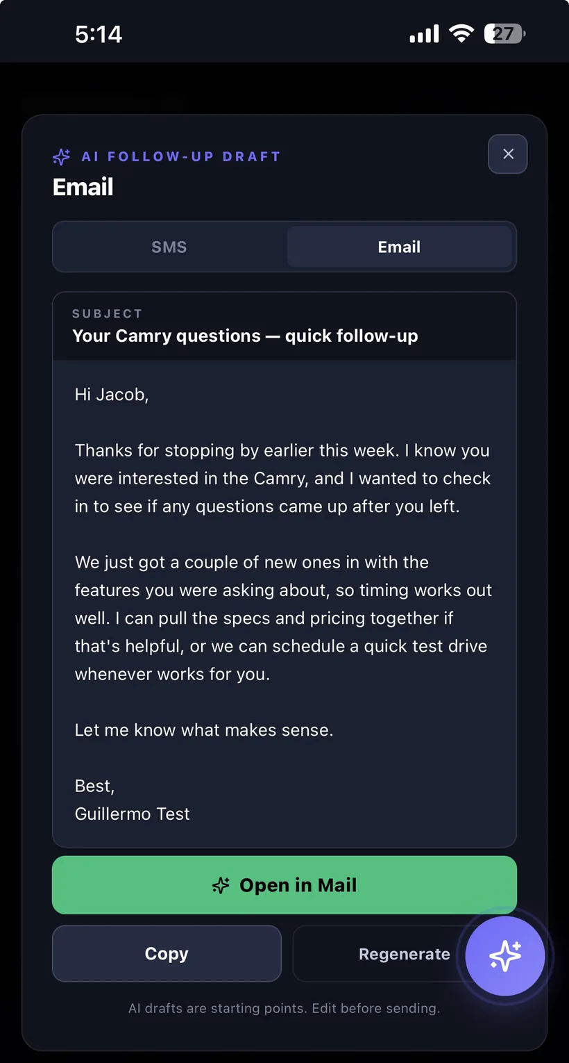 DeskView AI follow-up email draft