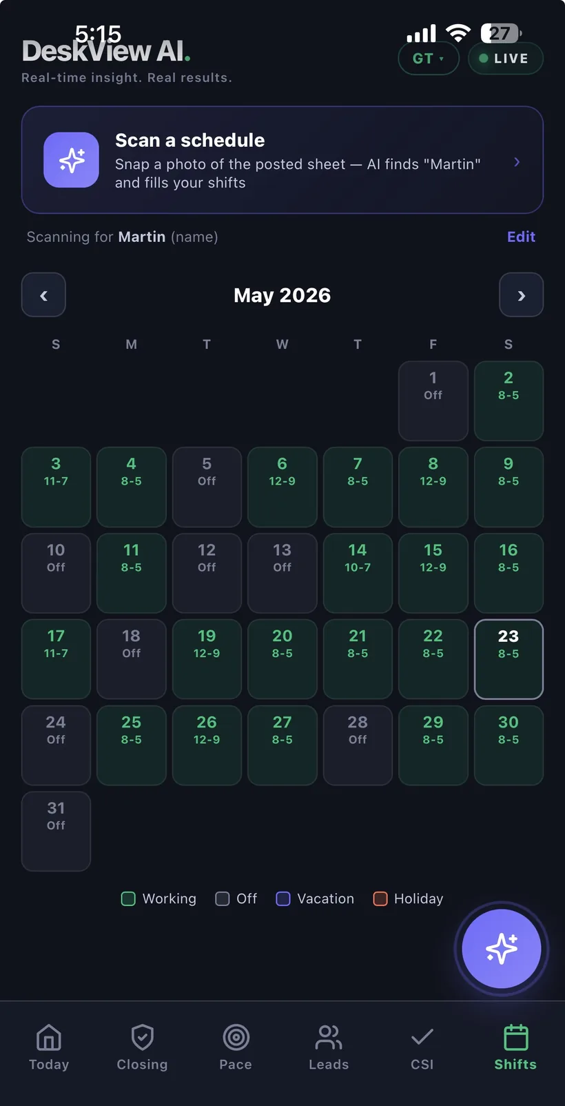 DeskView AI shifts: scanned work schedule